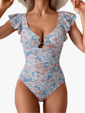 Eomenie Womens Ruffled One Piece Swimsuit one piece Small blue white orange